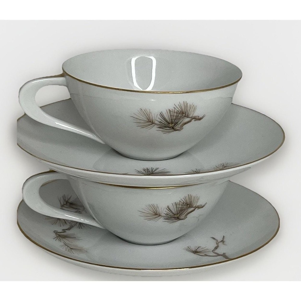 Vintage 2 Sango Larchmont Cups & Saucers Japan Gold Trim Pine Branch MCM EUC